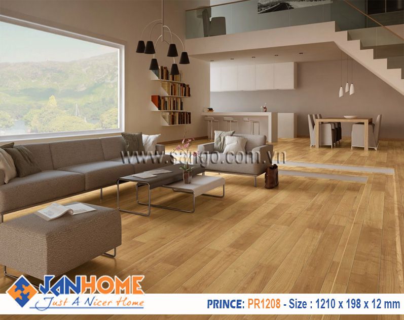 Thi công sàn gỗ Prince PR1208 phòng khách không gian hiện đại tràn ngập ánh sáng